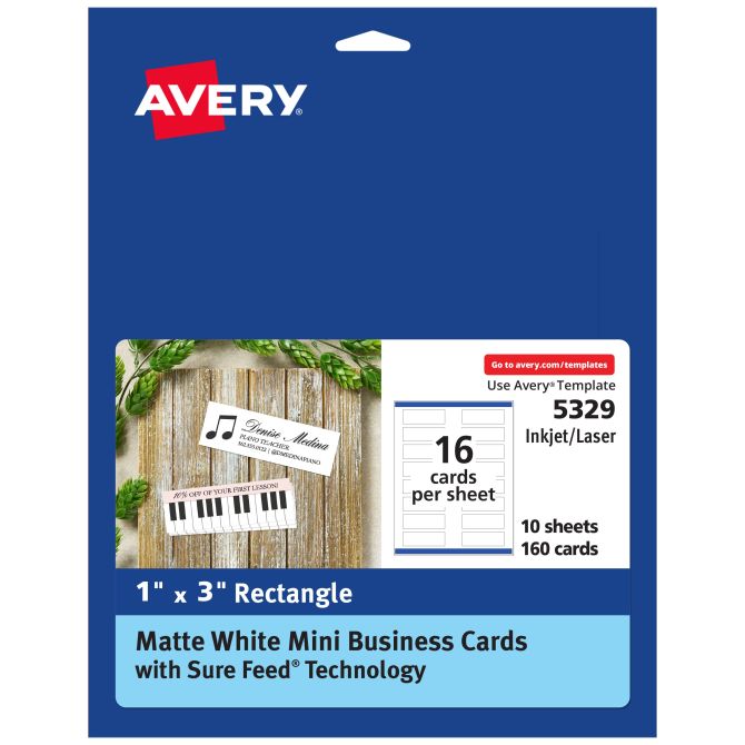 Avery mini business cards with sure feed technology 1 x 3 matte